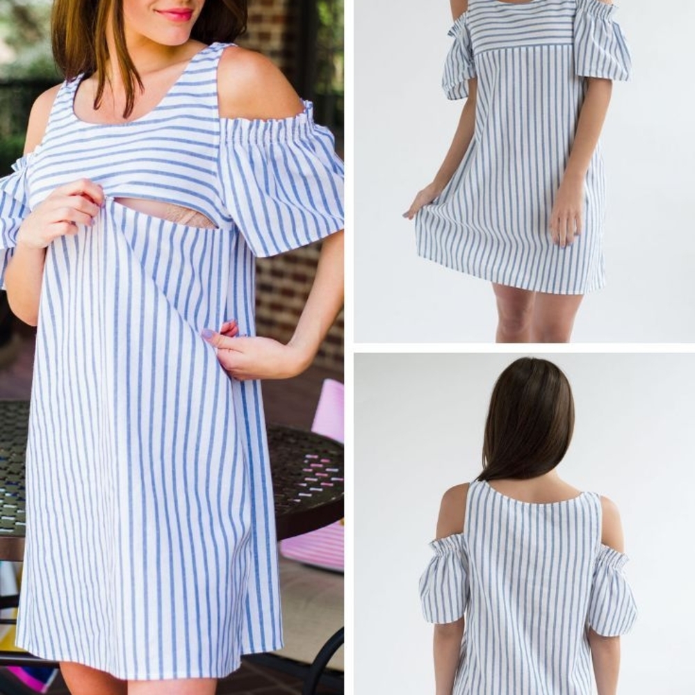 Nursing Queen Blue and White Cold Shoulder Puff Sleeve Mini Dress